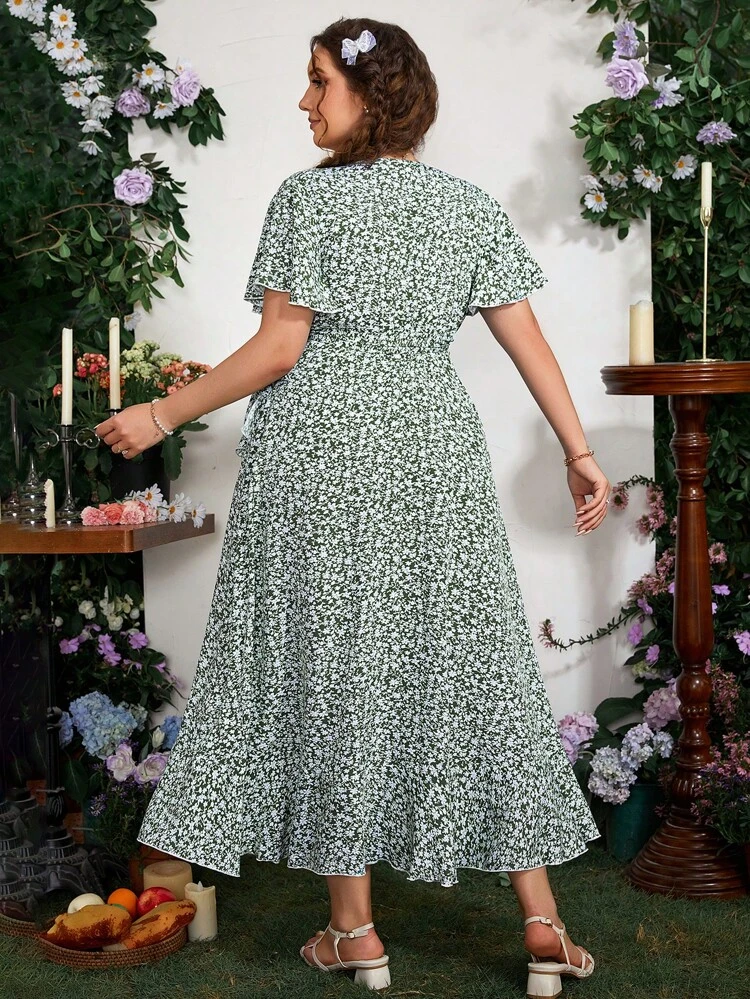 Summer Plus Size Women's Vacation Asymmetrical Hem Crossed Flowy Dress With Asymmetrical Hem And Ruffle Details