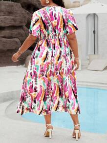 SHEIN Clasi 大尺碼女士綁染印花束腰開叉連衣裙 - 彩色 - 查看 2