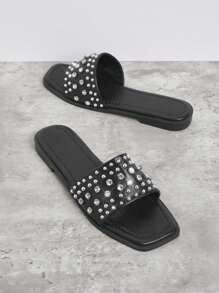 SHUZIA Women's Rhinestone Decorated Fashionable Flat Sandals, Versatile - Black - View 2