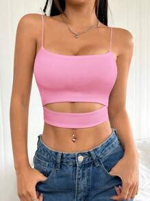 SHEIN EZwear Women's Summer Solid Color Hollow Out Slim Fit Cropped Camisole - Pink - View 1