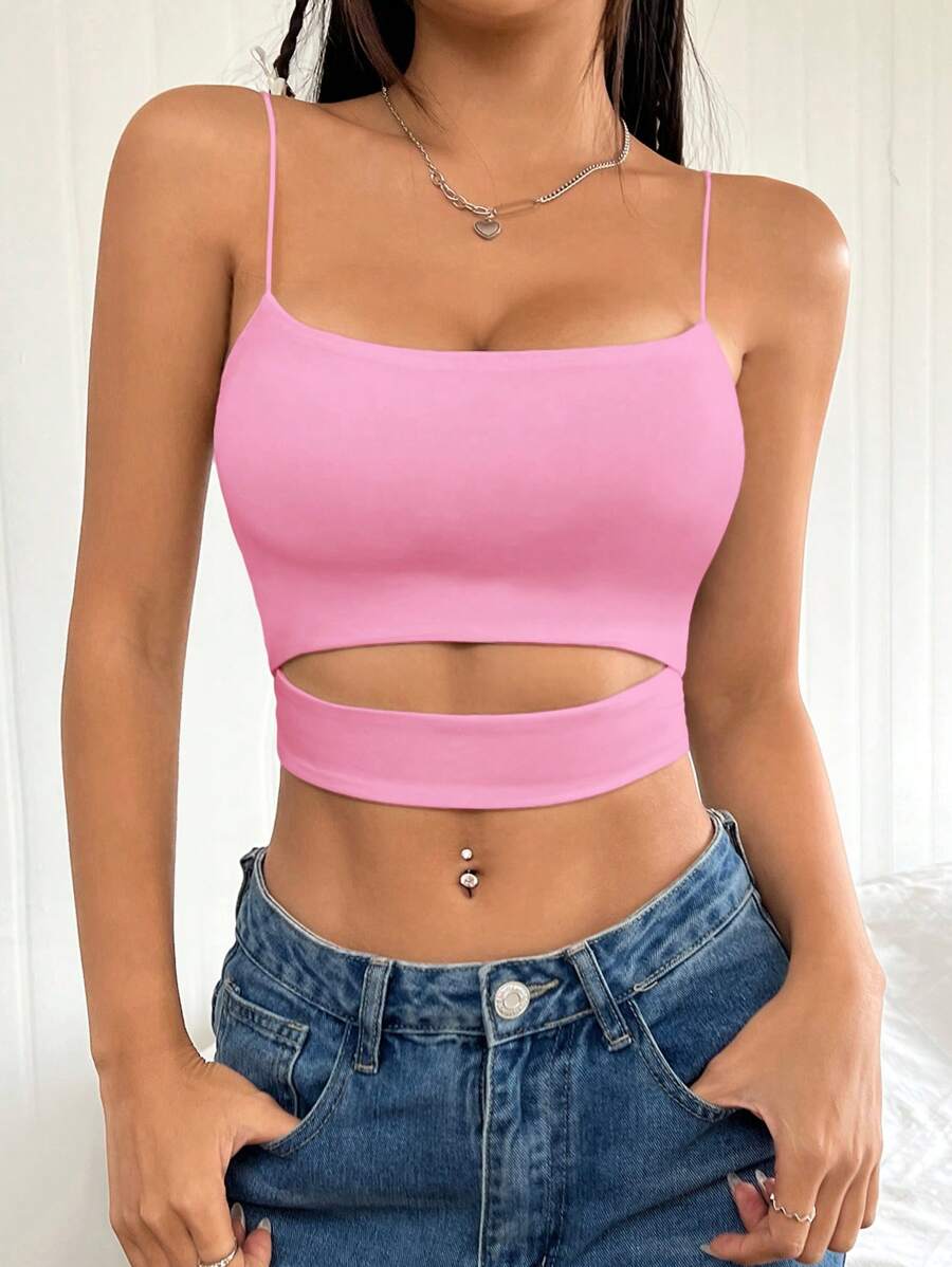 SHEIN EZwear Women's Summer Solid Color Hollow Out Slim Fit Cropped Camisole - Pink - View 1