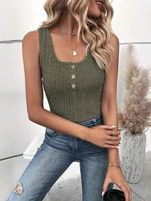 Women's Summer Elegant Fashion Casual Asymmetrical Rib Knit Square Neck Button-Up Tank Top - Army Green - View 4