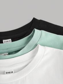 SHEIN Leap Crew Teen Girl Knitted Plain T-Shirt With Ruffled Bow Design, Pack Of 3 - Mint Green - View 3