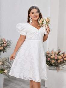 SHEIN Belle Plus Size Organza Burnt Flower Fabric Princess Bubble Sleeve Grab Pleated Deep V Neck A Swing Simple White Short Wedding Dress Cocktail Party Giveaway  Gowns