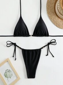 Sweetra Bộ Bikini Băng Thông Màu Trơn Dành Cho Nữ, Bộ Bikini Gợi Cảm Cho Kỳ Nghỉ, Bãi Biển Mùa Hè - màu đen - Xem 3