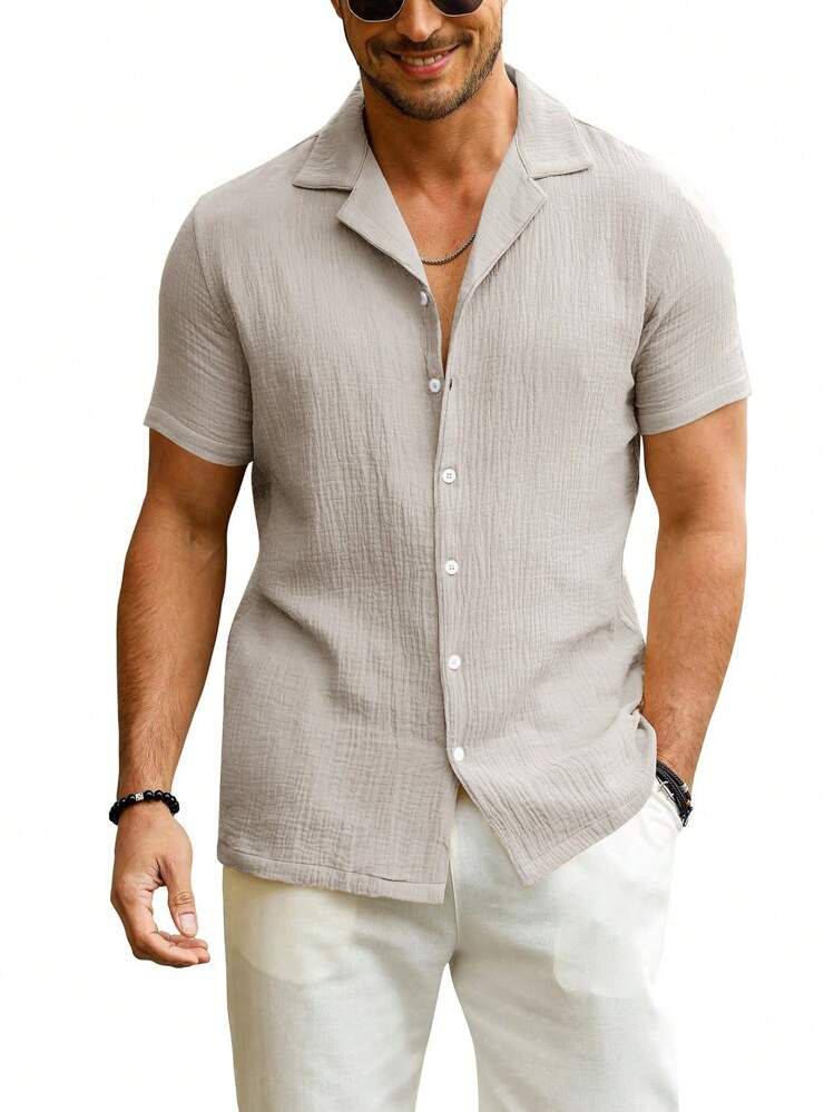 Áo sơ mi Guayabera cổ tay ngắn giản dị ôm vừa vặn dành cho nam, thích hợp cho đám cưới, bãi biển, mùa hè - Màu Khaki - Xem 2