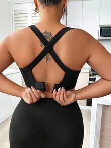 Gameset SHEIN Sport 大碼夏季純色高彈力運動裝 - 黑色 - 查看 6