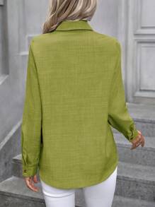 SHEIN LUNE 女士純色單排釦休閒日常長袖襯衫 - 芥末黃 - 查看 2