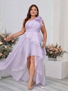SHEIN Belle Plus Size Light Purple Oblique Shoulder Asymmetric Ruffle Hem Dress With 3D Flower Embellishments, Perfect For Back-To-School Season, Elegant Evening Party, Prom And Graduation Ceremony