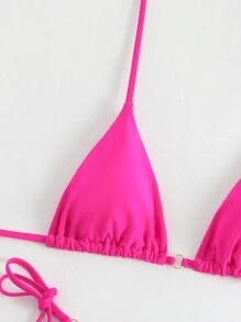 SHEIN Swim Ensemble bikini femme, de couleur unie avec col ras-du-cou et bas en string, parfait pour des vacances à la plage