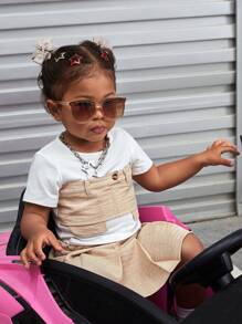 SHEIN Conjunto casual con estilo de vacaciones para bebé niña que incluye top de manga corta color bloque y falda plisada