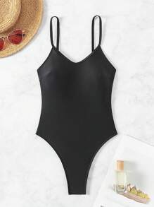 SHEIN X Sofía Suescun Swim SXY 女士夏季海灘純色背心無袖連體泳衣 - 黑色 - 查看 5