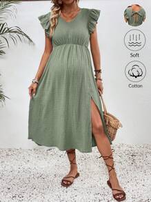 SHEIN Maternity Vacation Casual Solid Color Ruffle Edge High Waist Split Dress