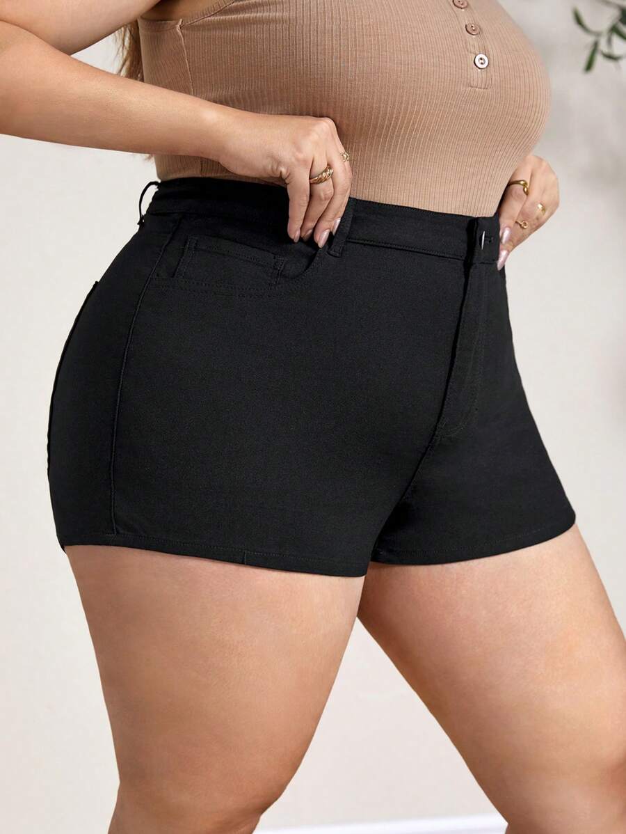 SHEIN CURVE+ Shorts Sensuais de Verão em Cor Sólida com Elástico e Caimento Justo em Denim para Tamanhos Grandes - Preto - Ver 1