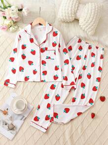Tween Girl Strawberry Print Contrast Piping PJ Set - White - View 1