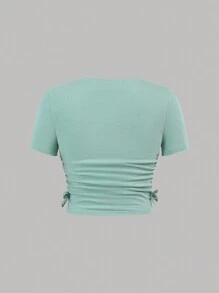 SHEIN Leap Crew Teen Girl Knitted Plain T-Shirt With Ruffled Bow Design, Pack Of 3 - Mint Green - View 10
