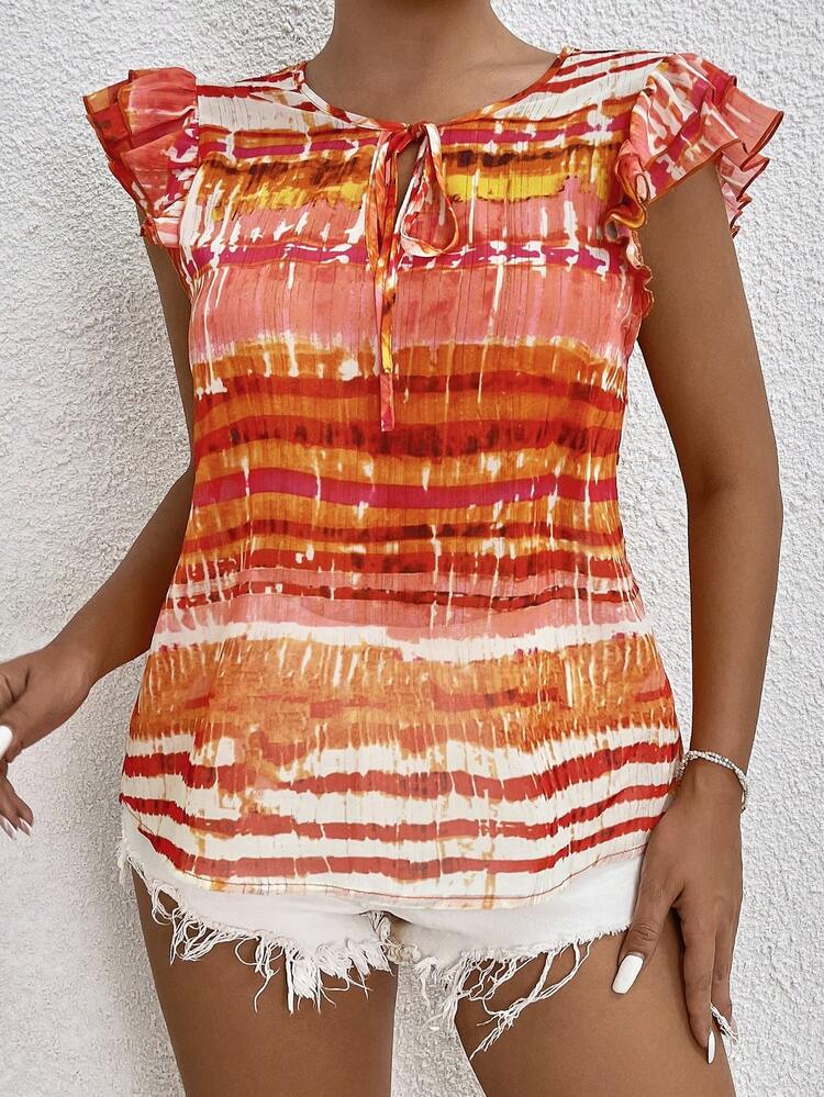 Women's Tie-Dye Printed V-Neck Cap Sleeve Casual Blouse With Bow Tie, Summer