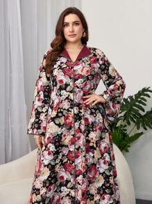 Al Najma 加大码优雅阿拉伯花卉印花长袖端庄连衣裙，卡夫坦 - 彩色 - 查看 4