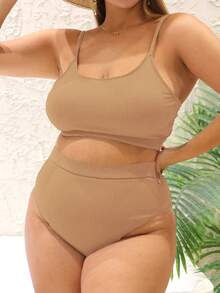 SHEIN Swim Curve Bộ bikini cổ tròn màu trơn dành cho nữ có kích thước lớn với chi tiết khoét rỗng cho kỳ nghỉ ở bãi biển - màu nâu - Xem 4
