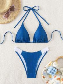 SHEIN Swim Women Solid Color Halter Neck Sexy Two-Piece Bikini Set For Vacation Summer