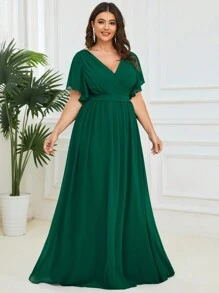 EVERPRETTY Đầm dạ hội/dành cho khách dự đám cưới/phù dâu màu xanh đậm, cổ chữ V, tay bồng, dài đến sàn, thanh lịch, thích hợp cho mùa xuân/hè. - Màu xanh lá cây đậm - Xem 6
