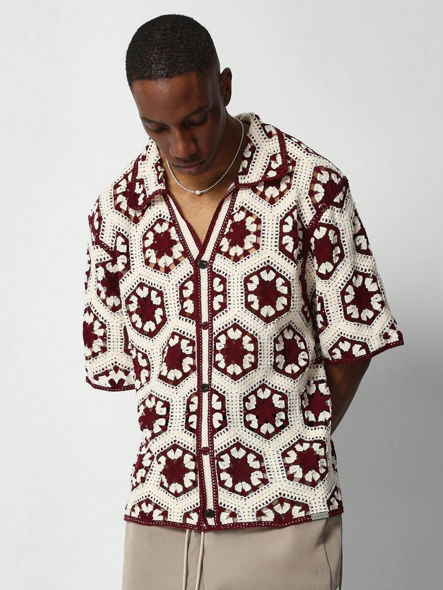 SUMWON Button Through Crochet Knit Shirt - Red - View 1