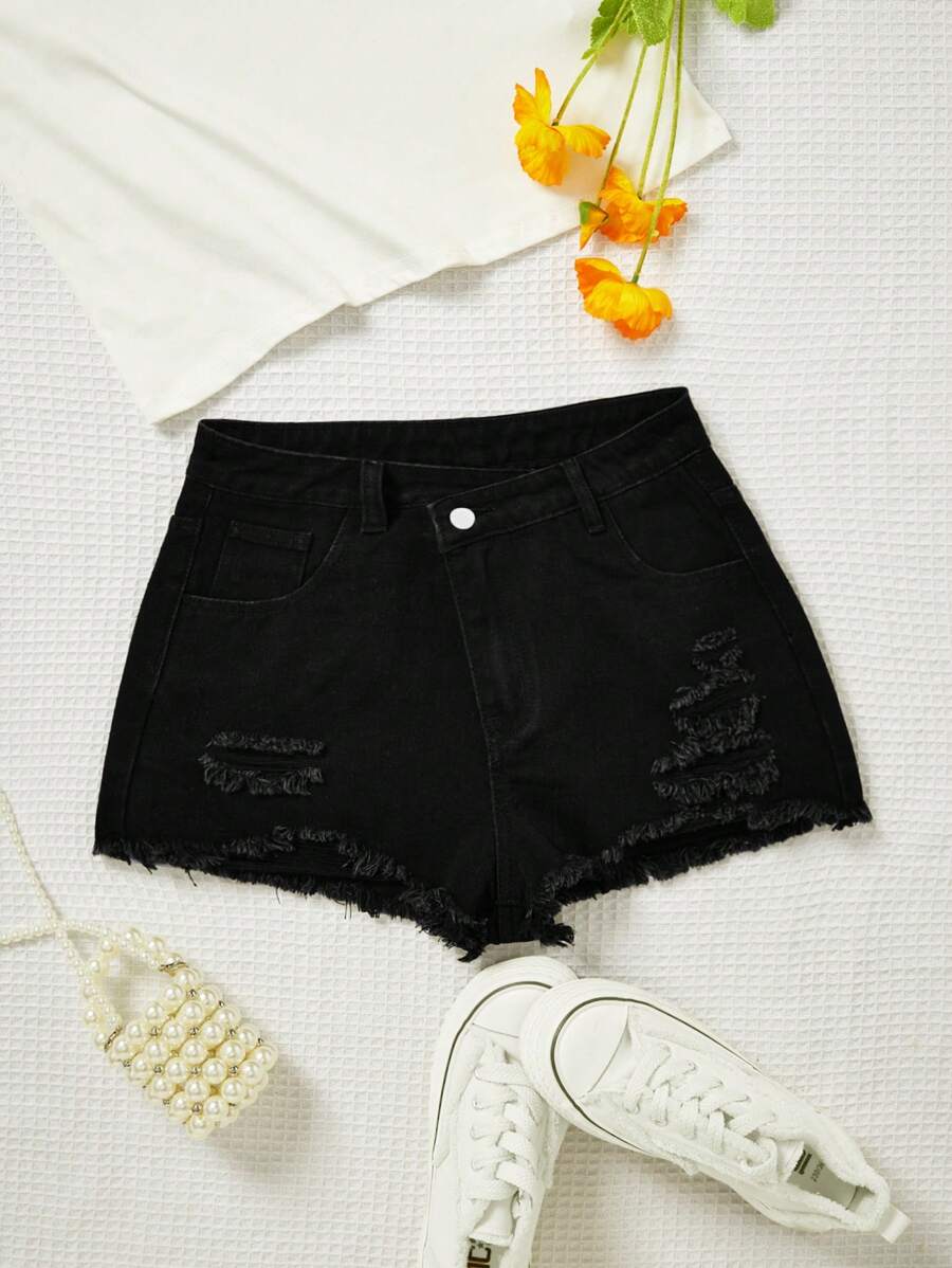 SHEIN Quần short denim viền cổ điển màu trơn đơn giản dành cho tuổi teen mùa hè - màu đen - Xem 1