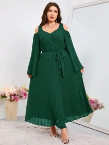 Modelyn 大码女式时尚纯色长款褶皱露肩连衣裙长款晚礼服 - 墨綠色 - 查看 7