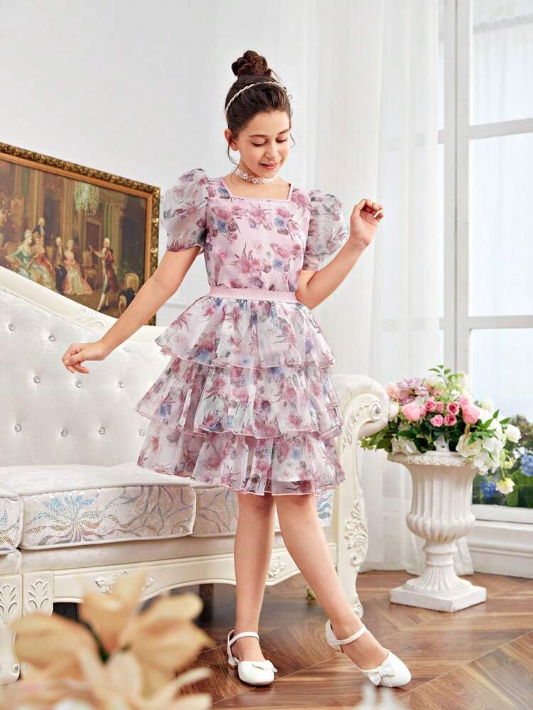 DRMZ Tween Girl Tween Girls' Backless Button-Up Shirt With Cap Sleeves And Tiered Mesh Skirt With Floral Print, 2pcs/Set