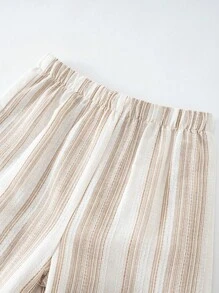 SHEIN LMoss Kids LMoss 年轻女孩编织条纹背心和宽松休闲裤套装 - 杏色 - 查看 7