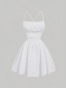 SHEIN MOD Robe courte blanche en coton brodé avec dos plissé et découvert pour femme en été