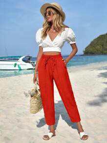 EURMUSE Drawstring Waist Slant Pocket Cropped Trousers - Orange - View 3