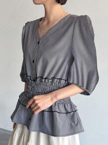 FRIFUL Women Striped V-Neck Lantern Sleeve Loose Blouse With Waist Drawstring, Spring/Summer,Ruffle - Black and White - View 6