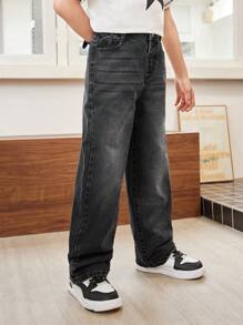 SHEIN Tween Boy Retro Basic Loose Straight Leg Jeans, College Style Casual Pants Summer Holiday - Grey - View 4