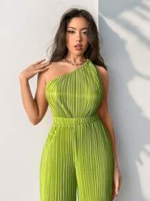 Firerie Women Green One Shoulder Twist Ruched Waist Wide Leg Jumpsuit, Suitable For Wedding, Engagement, Concert, Rave Festival, Graduation - Green - View 6