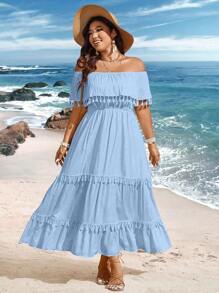 Breezaya 大码假日海滩纯色露肩流苏装饰长裙超长女装 - 藍色 - 查看 7