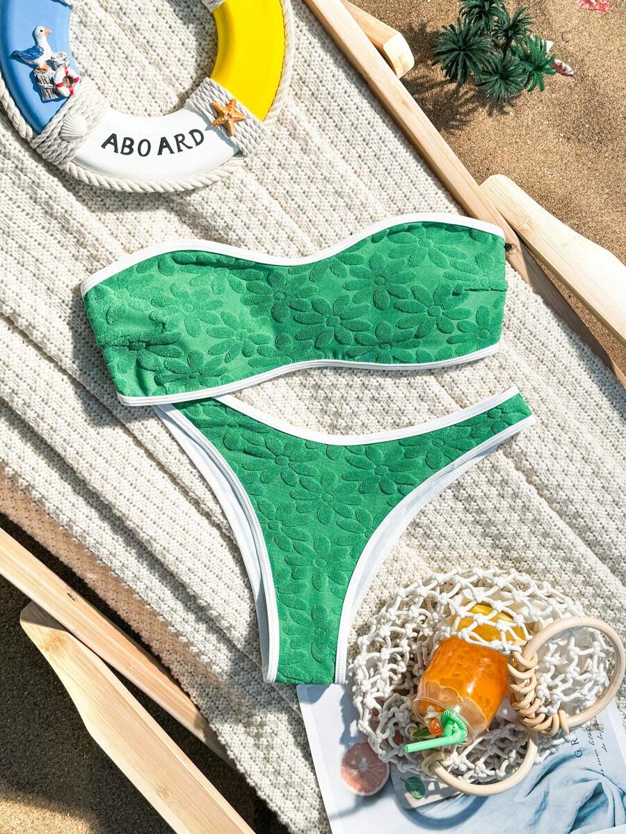 SHEIN Swim 女士假日花卉與深色條紋無肩帶性感比基尼套裝 - 綠色 - 查看 1