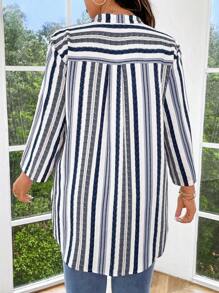 SHEIN Unity 女裝加大尺碼垂直條紋簡約日常襯衫 - 藍色 - 查看 2