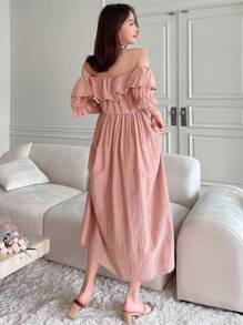 DAZY Robe d'été à manches volantées de couleur unie à la mode pour femmes, robe longue d'automne - Rose bonbon - Voir 6