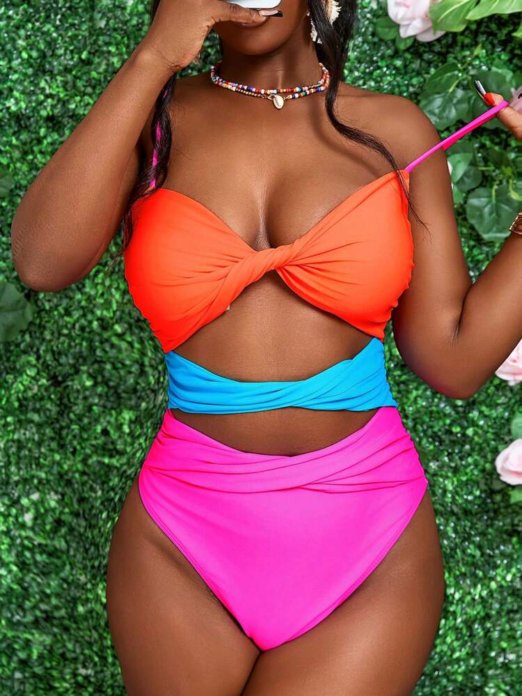 Women's Color Block Hollow Out One-Piece Swimsuit For Summer Vacation Beach Bathing Suit