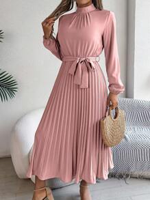 Real Shot Spring/Summer Elegant Ribbon Waist Pleated Dress - Pink - View 5