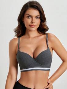 1 pièce de soutien-gorge push-up confortable de sport minimaliste côtelé pour femmes - Gris foncé - Voir 6