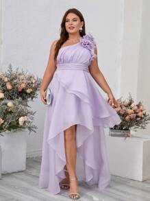 SHEIN Belle Plus Size Light Purple Oblique Shoulder Asymmetric Ruffle Hem Dress With 3D Flower Embellishments, Perfect For Back-To-School Season, Elegant Evening Party, Prom And Graduation Ceremony