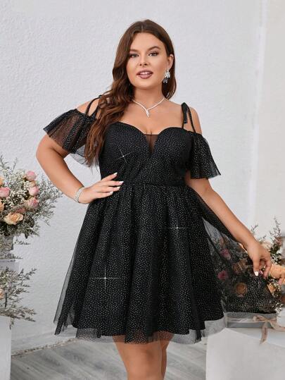 SHEIN Belle Vestido de graduación elegante de talla grande en color negro con encaje, tirantes, moño y corto y cute para cóctel