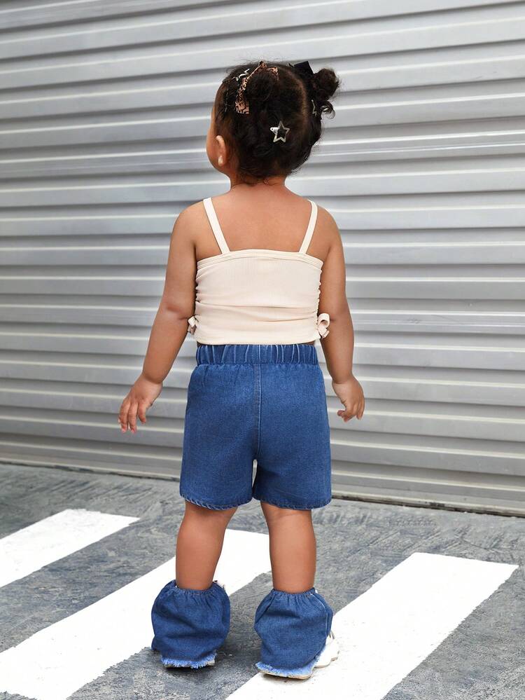 Baby Girl 2pcs Summer Outfits Set: Drawstring Pleated Camisole Top And Separated Cool Denim Pants