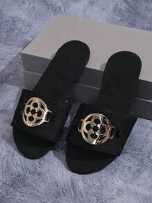 Women's Black Flat Sandals With Floral Open Toe And Slip-Resistant Sole, Suitable For Outdoor And Indoor Use