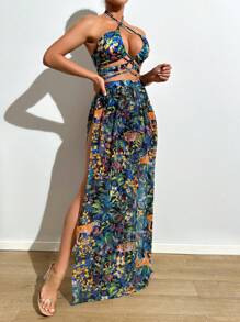 Swim Vcay 夏季女士三角比基尼套装，带有热带植物印花、露背领和交叉设计，搭配罩衫裙，非常适合度假 - 彩色 - 查看 1