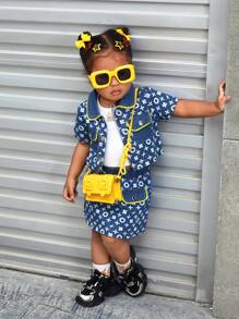 SHEIN Wildeya 3pcs Baby Girls' Denim Top, Short-Sleeve T-Shirt And Skirt Set With Color-Blocking And Full Print Pattern, Fashionable
