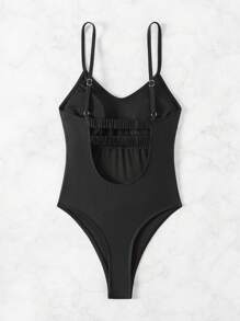 SHEIN X Sofía Suescun Swim SXY 女士夏季海灘純色背心無袖連體泳衣 - 黑色 - 查看 3