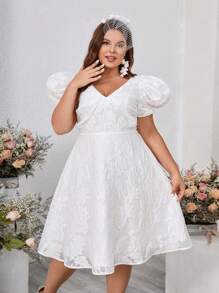 SHEIN Belle Plus Size Organza Burnt Flower Fabric Princess Bubble Sleeve Grab Pleated Deep V Neck A Swing Simple White Short Wedding Dress Cocktail Party Giveaway  Gowns